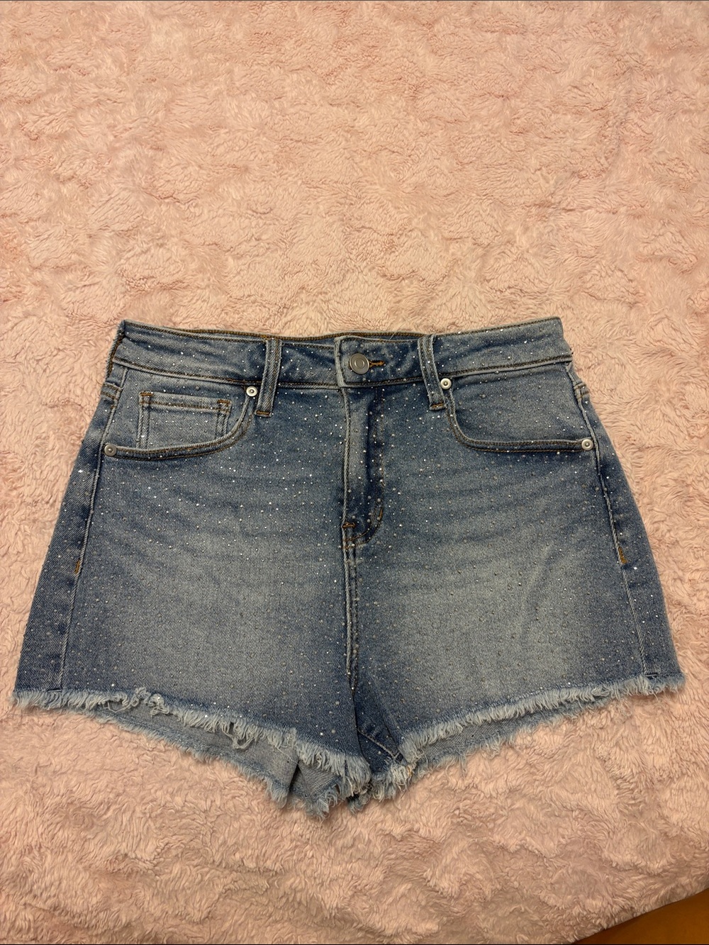 High-Rise Denim Shorts with Frayed Hem - Blue